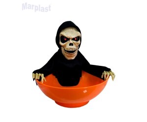 HALLOWEEN PORTA DOCES CAVEIRA COM LUZ SOM E MOVIMENTO 24CM